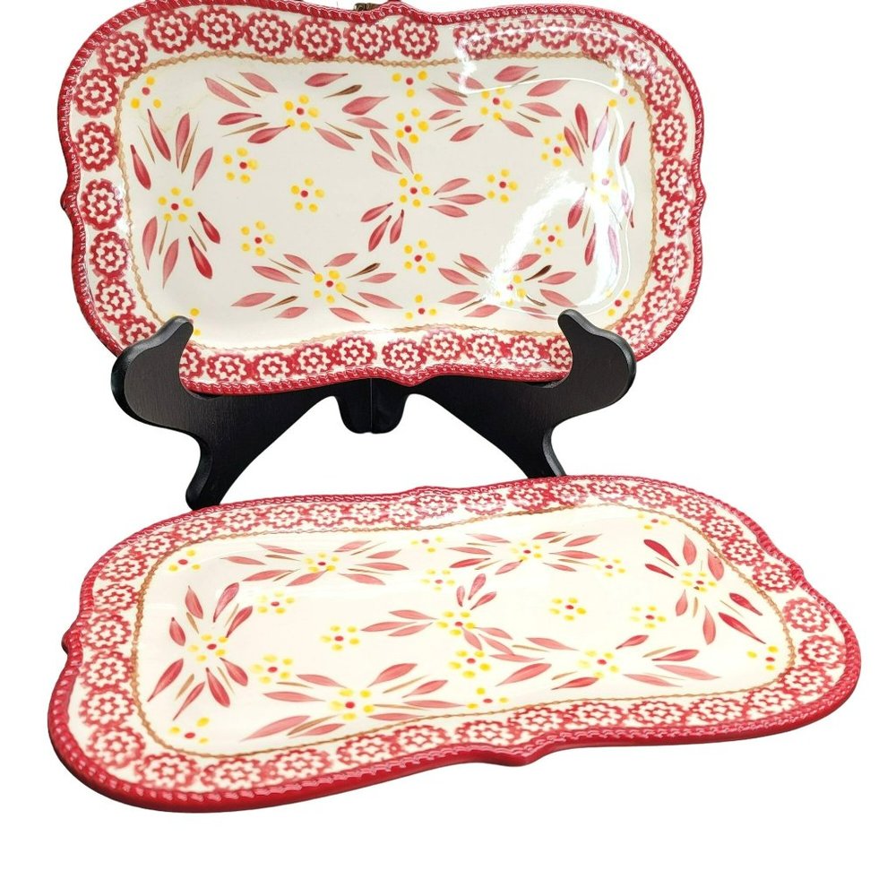 Temp-tations Old World Red Platters Rectangular Floral Tray Appetizers Tea PD41